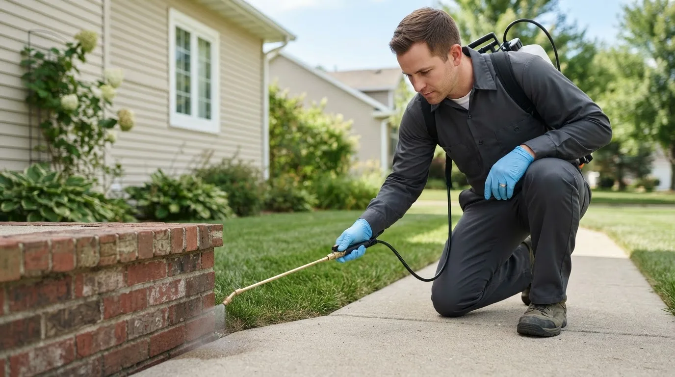 Pest control technician treating a home near Morristown, IN